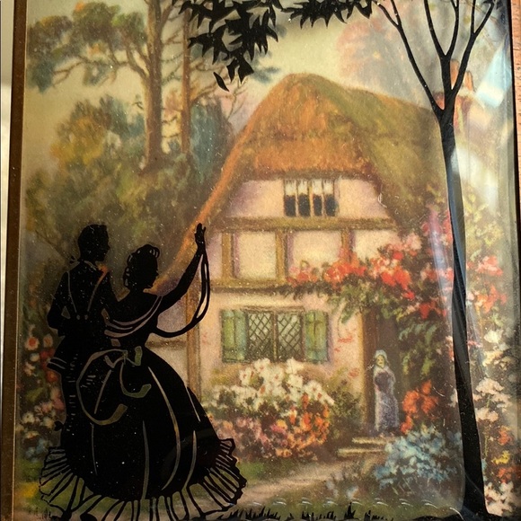Vintage Silhouette Green and Black Cottage Painting Framed in Glass - Picture 3 of 4